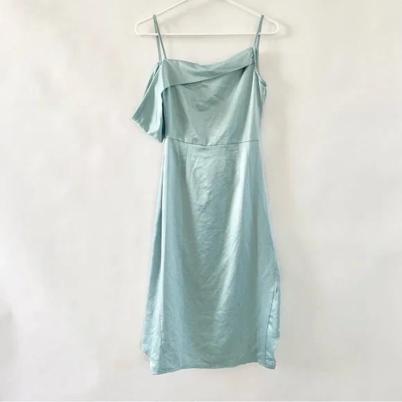 NWT Missguided Satin One Shoulder Asymmetric Ruched Side Midi Dress Blue 2 - Picture 9 of 16